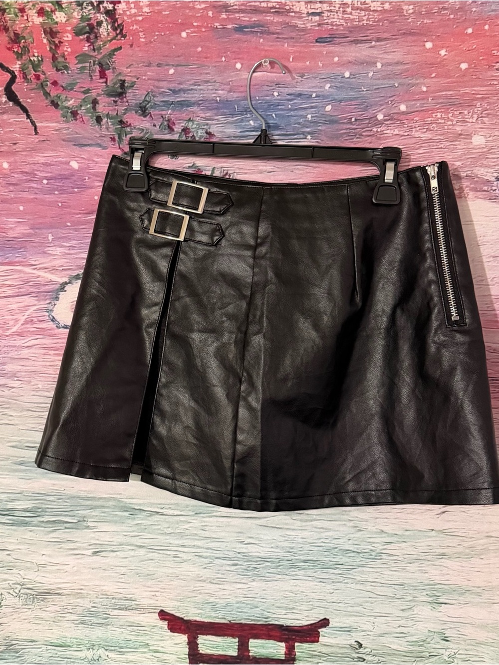 Black Faux Leather A-Line Mini Skirt with Buckle Detail